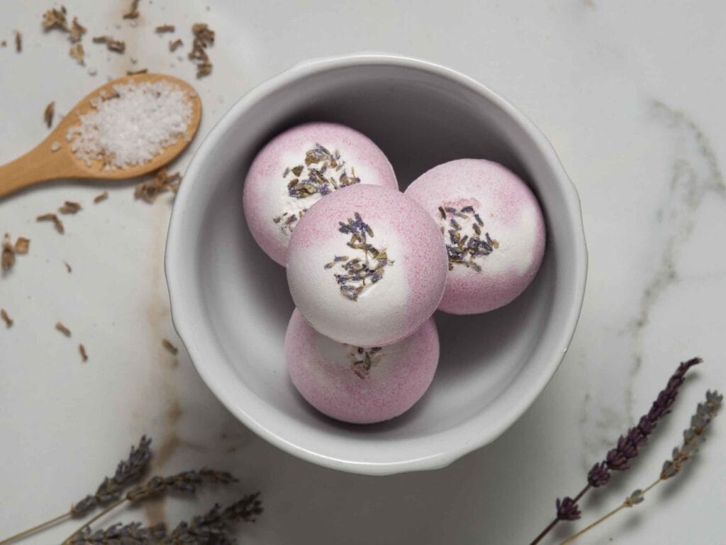 view therapeutic bath bombs still life